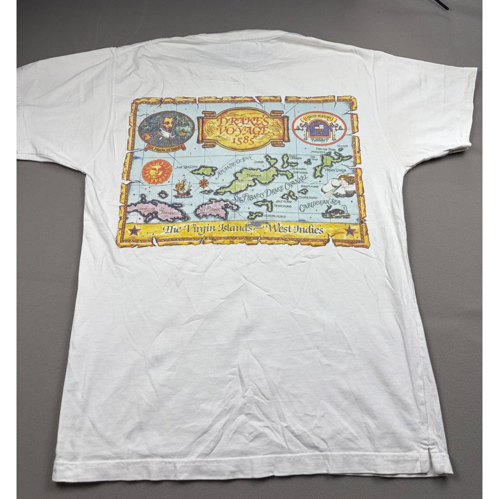 Vintage Rum Island Pussers West Indies Drakes Voyage 1585 Map T-Shirt White M
